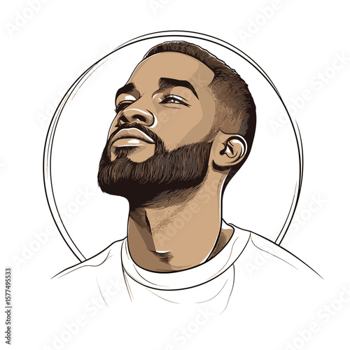 Confident young man with beard looking up in circle frame