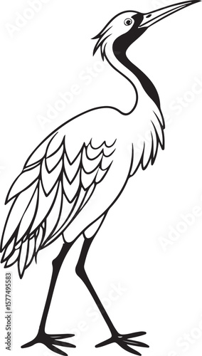 Elegant vector illustration of a heron bird standing in water near tropical leaves under a soft moonlight scene.