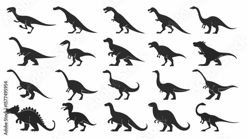 Collection of diverse dinosaur silhouettes in various poses and species on a clean white background