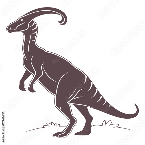 Stylized illustration of a parasaurolophus dinosaur standing on its hind legs with a distinctive crest on its head