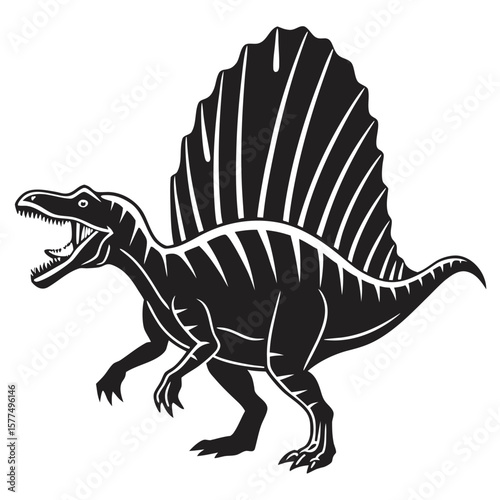Black silhouette of a spinosaurus dinosaur with a prominent sail on its back roaring with its mouth open