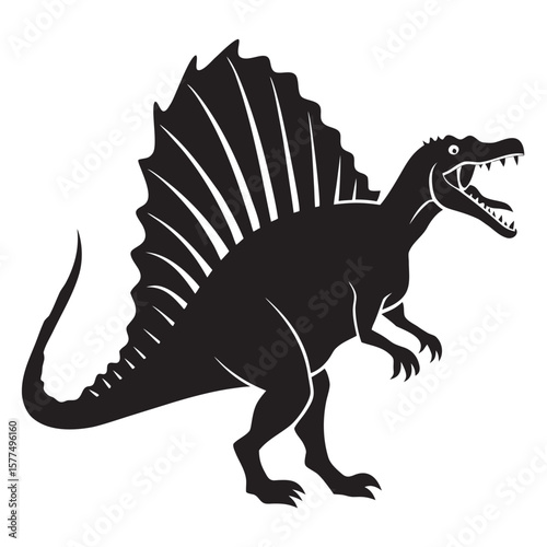 Black silhouette of a spinosaurus dinosaur with an open mouth and a prominent sail on its back standing on a white background