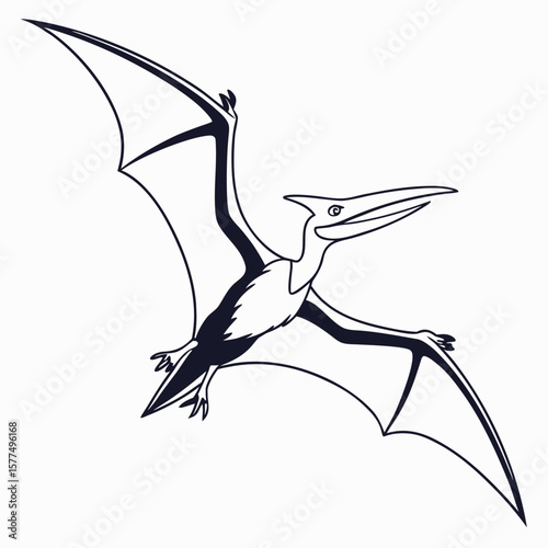 A stylized black and white illustration of a pterodactyl soaring through the air with its wings spread wide