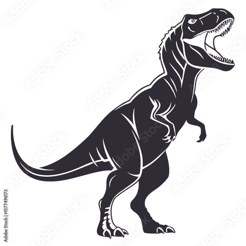 Silhouette of a tyrannosaurus rex dinosaur with its mouth open roaring aggressively against a white background