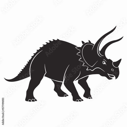 A striking black silhouette of a triceratops dinosaur with three horns and a frill stands on a white background