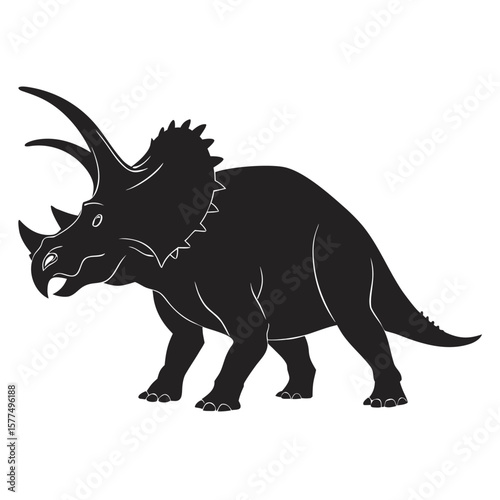 Stylized black silhouette of a triceratops dinosaur with three horns and a frill on a white background