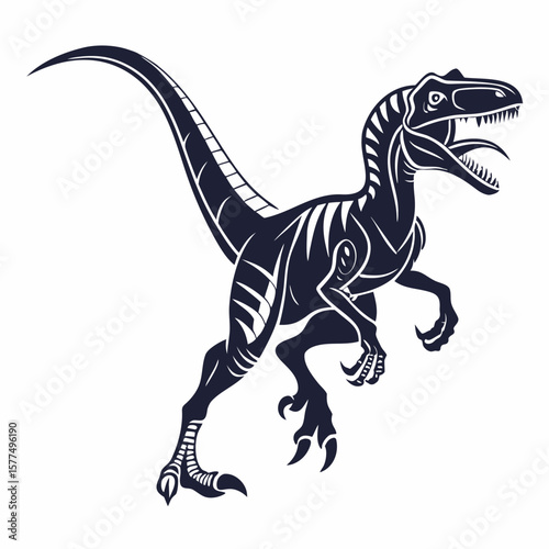 Stylized dark blue silhouette of a fierce velociraptor dinosaur with sharp claws and teeth in a dynamic pose