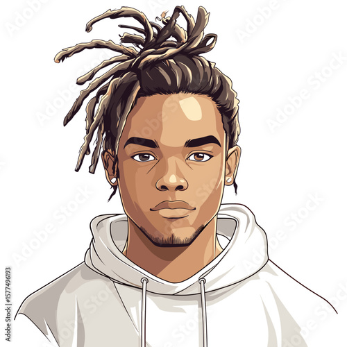 Serious young man with dreadlocks in hoodie on white background