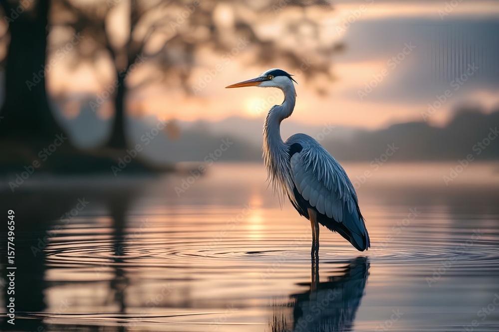 Naklejka premium Serene Great Blue Heron Wading in Tranquil Lake Water at Golden Sunrise