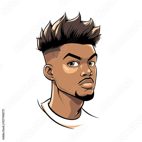 Serious young man with spiky hair in white shirt on white background