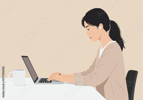 Focused Woman Typing on Laptop Productivity at Work | Illustration of Young Professional Working Remotely