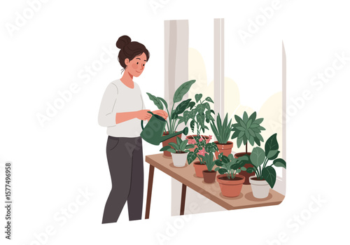 A woman tending to her collection of indoor plants near a window, watering them with care for a green and peaceful home environment.