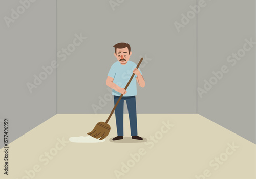 Man Sweeping Spilled Liquid in Empty Room Cleaning Up Mess