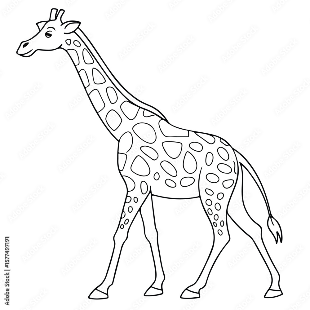 Obraz premium Cute cartoon giraffe with simple patterns and joyful expression, ideal for children’s books and educational designs.