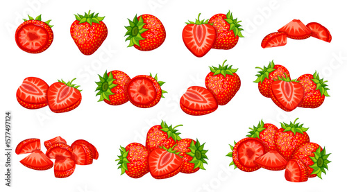 Set of sweet, fresh strawberries in cartoon style. Vector illustration of delicious, juicy strawberries: whole, halves, cut into pieces, green stems isolated on white background. Healthy food. 