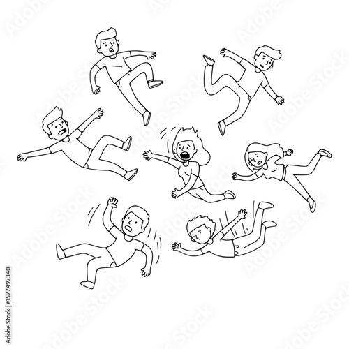 Various falling people. Diverse male and female characters. Hand drawn modern Vector illustration. Flying or falling down abstract people set. Cartoon outline style. All elements are isolated