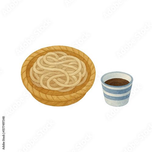 季節(夏)の食べ物水彩風イラスト(ざるうどん)