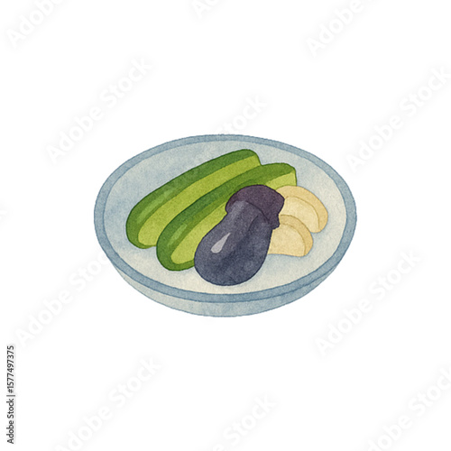 季節(夏)の食べ物水彩風イラスト(漬物、水なす)