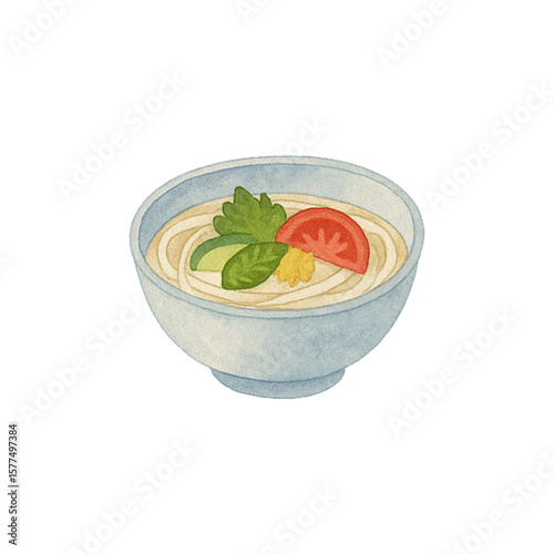 季節(夏)の食べ物水彩風イラスト(冷やしうどん)