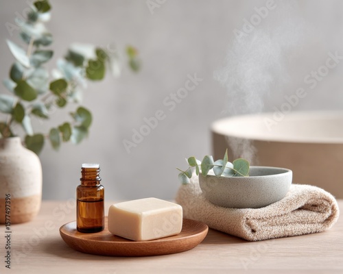 Wallpaper Mural Natural spa setup with soap, essential oil, and eucalyptus leaves on wooden table Torontodigital.ca