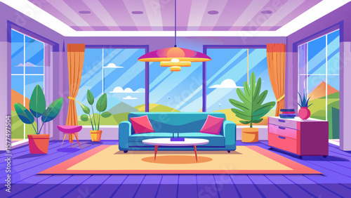 Modern living room with large windows and scenic mountain view