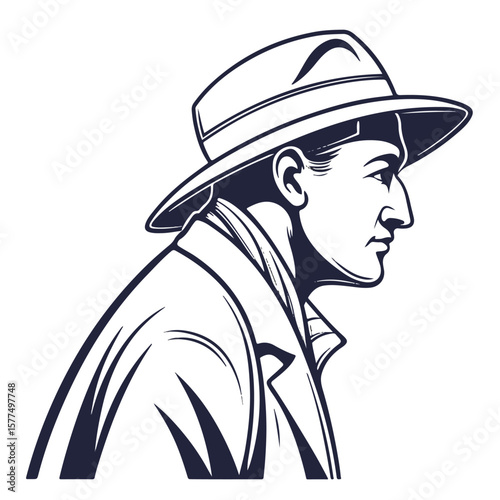 Hand-drawn male portrait in profile view featuring strong features and iconic headwear for a timeless look.