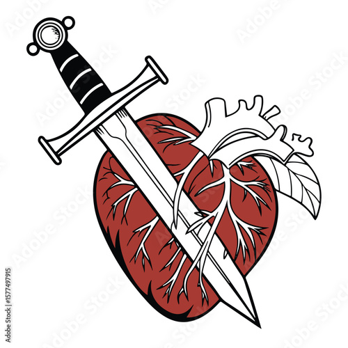 Vector artwork of a heart pierced with a sword and bleeding, symbolizing heartbreak, betrayal, and lost love.