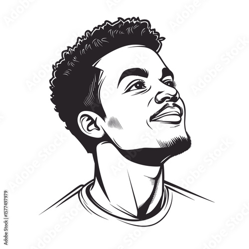 Hopeful young man looking up in monochrome on white background