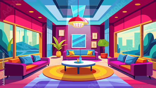 Modern living room with large windows overlooking a city landscape