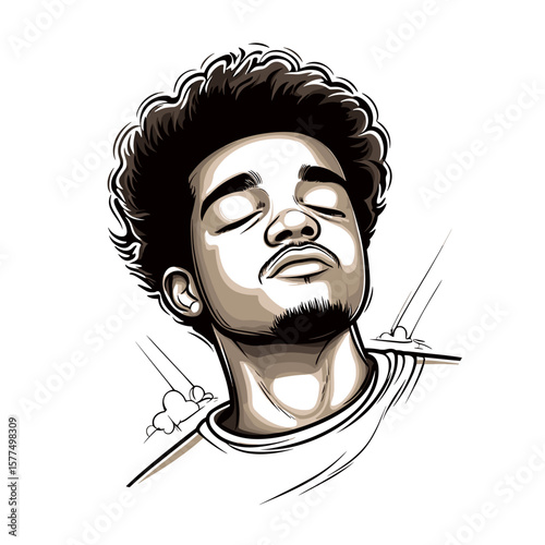  Peaceful young man with closed eyes in monochrome on white background