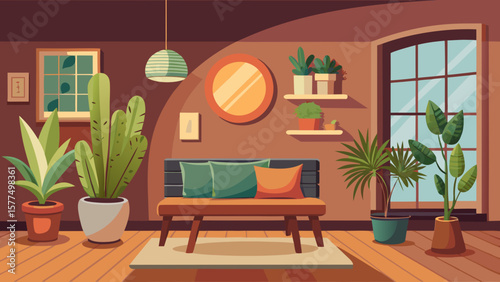 Cozy living room interior with plants and modern furniture on a sunny day