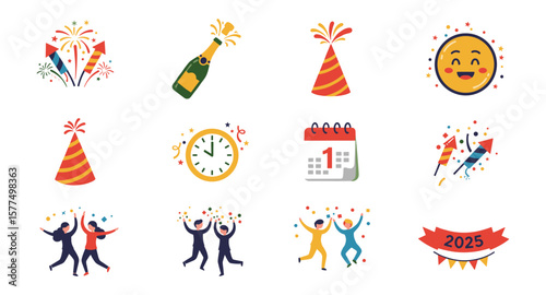 Festive new year celebration icons for 2025 with fireworks and party elements