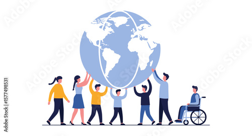 Diverse group holding up earth in unity concept
