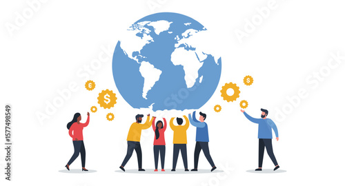 Teamwork and global connectivity concept with people supporting globe and cogs