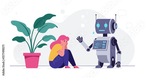 Whimsical scene of a sad woman comforted by a friendly robot in a modern setting