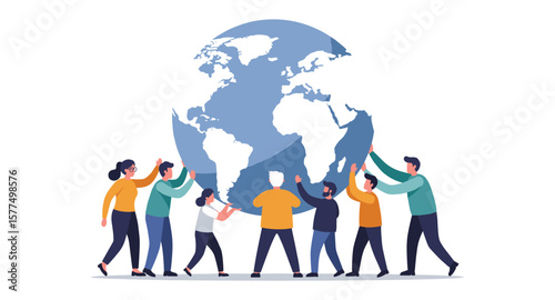 Diverse group of people cooperating to hold up a globe for unity and collaboration concept