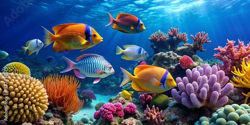 Vibrant Reef Fish Swimming Amongst Colorful Coral and Anemones in a Sunlit Ocean Scene