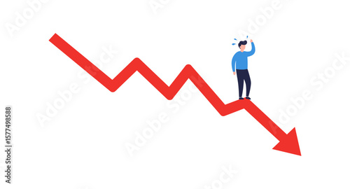 Businessman in financial crisis: declining graph and red arrow trend