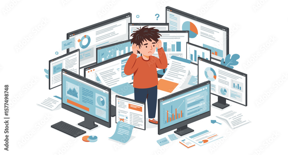 Fototapeta premium Overwhelmed person surrounded by multiple computer screens with data and charts