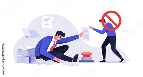 Businessman pressing red button to stop rejection of documents in office conflict concept