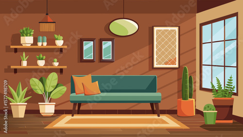 Cozy living room with sofa plants and window creating a warm inviting atmosphere