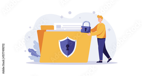 Data security concept with man holding lock and shield on file folder