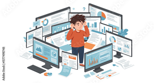Overwhelmed person surrounded by multiple computer screens with data and charts