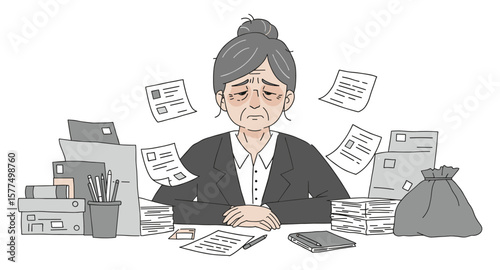 Stressed office worker surrounded by paperwork in busy workplace setting