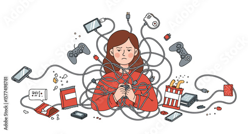 Woman overwhelmed by technology devices and cables: modern digital lifestyle challenges