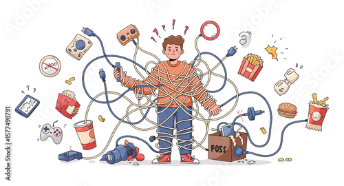 Overwhelmed by tech: tangled in cables and gadgets chaos