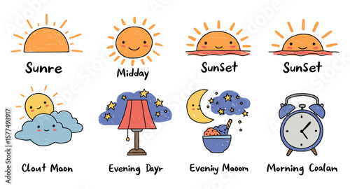 Charming cartoon sun and moon: playful day and night elements with hand drawn style