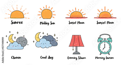 Doodle style sun moon cloud weather set with alarm and lamp icons