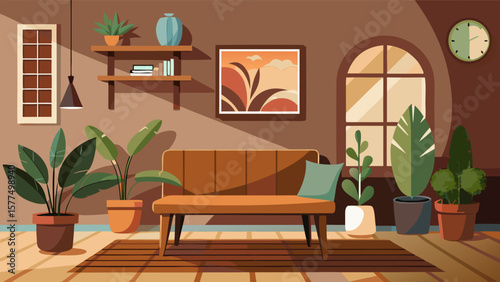Cozy living room with plants sofa and artwork on brown walls