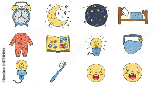 Cute hand drawn bedtime doodles for children's sleep routine activities